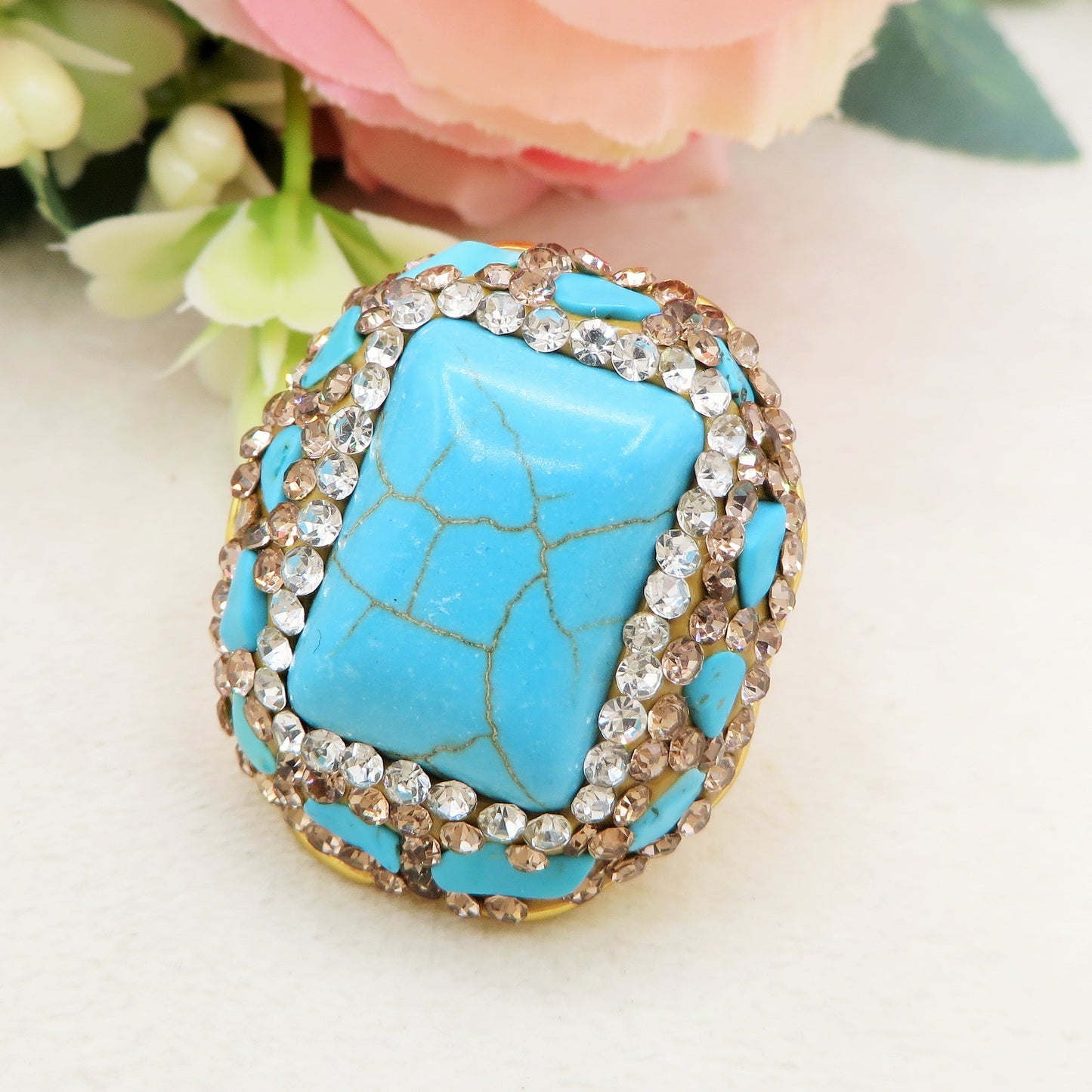 ISANA TURCHESE  ~ ANELLO IN PIETRA DURA NATURALE e metallo ottone galvanizzato e rodiato