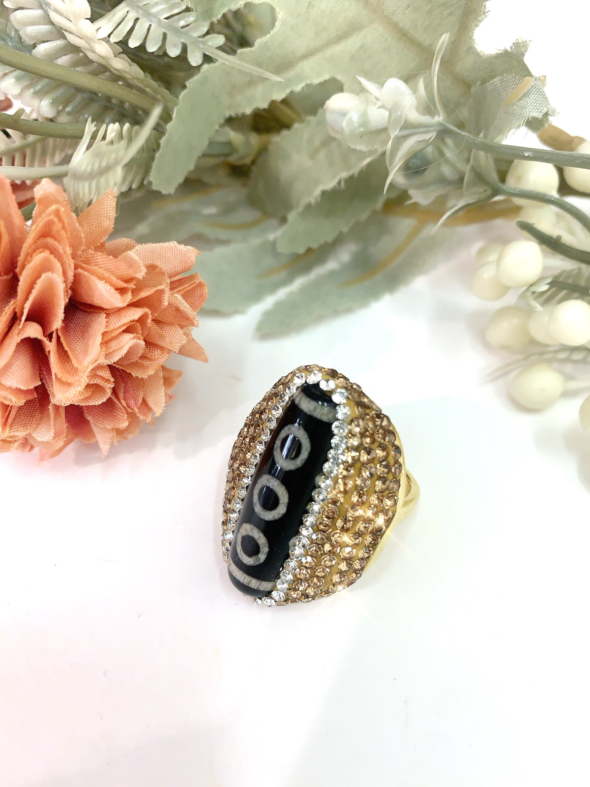 Dzi Ring~ LIBERTÀ' ~  Anello con pietra Dzi Tibetano e zirconcini