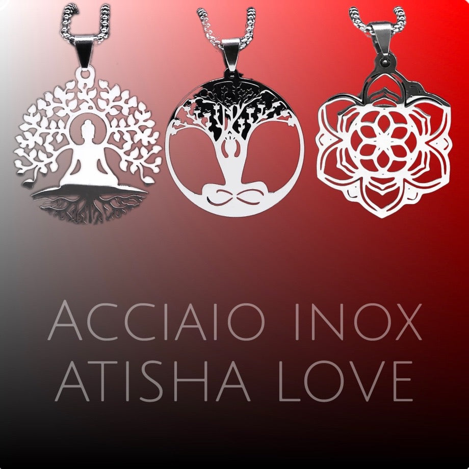 BODHI ~ Collana in acciaio inossidabile con ciondolo Siddharta Gautama, Buddha, seduto sotto l'Albero della Bodhi.
