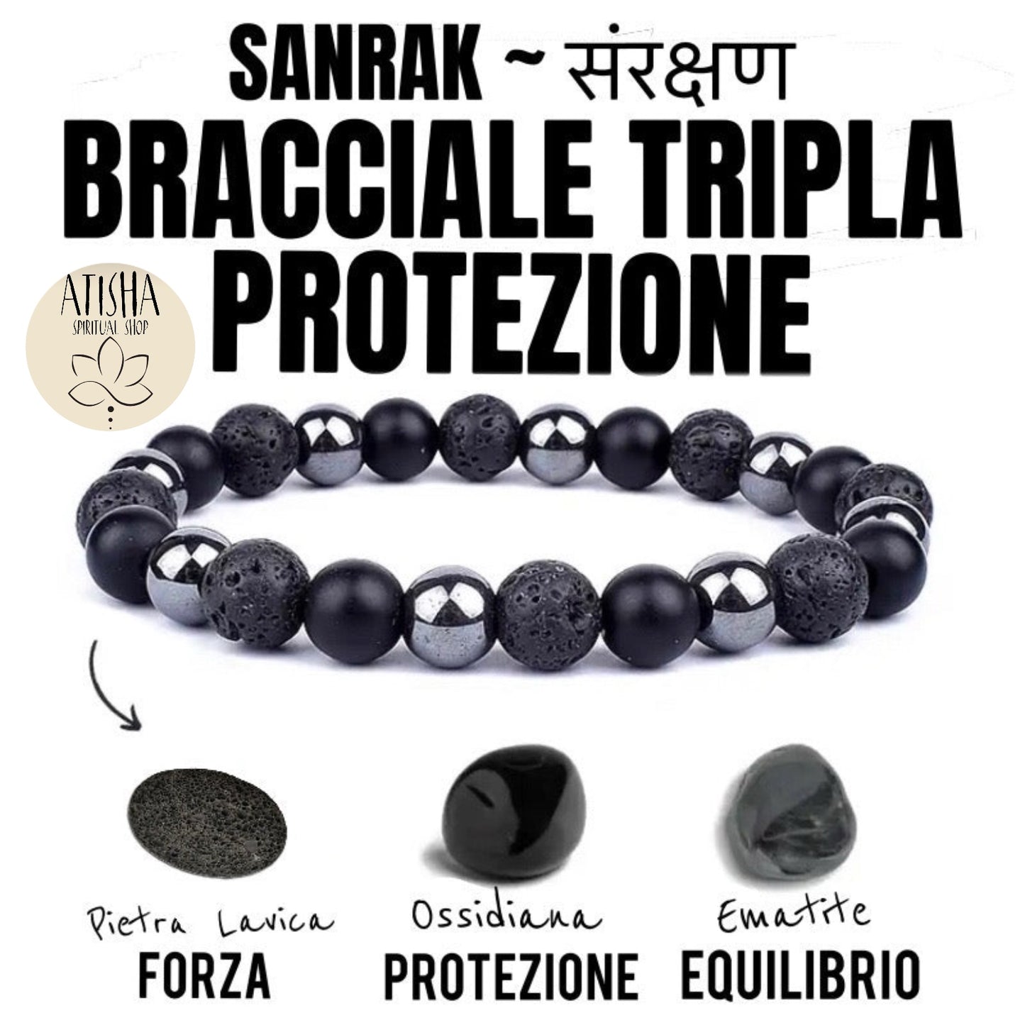 SANRAK~ BRACCIALE TRIPLA PROTEZIONE~ pietra dura naturale
