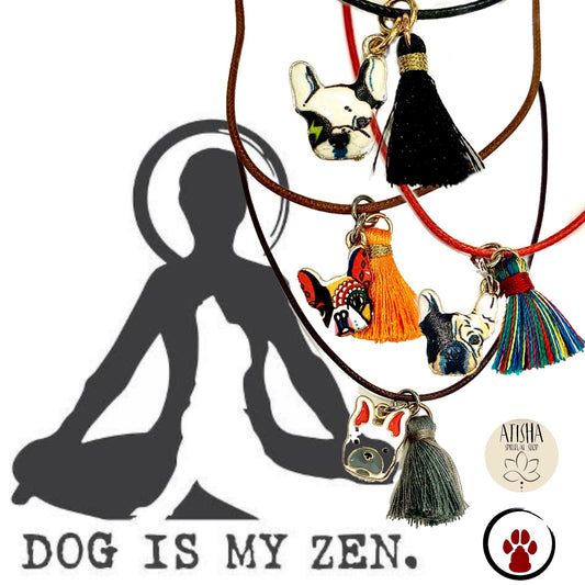 DOG IS MY ZEN ~Pendenti Bulldogue francese Tattoo, su cordino cerato con nappina,