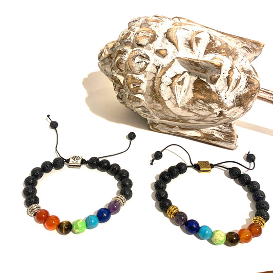 CHAKRA 7 COLORS STEEL - bracciale pietra lavica e pietre dure naturali - Nirvana Stones -