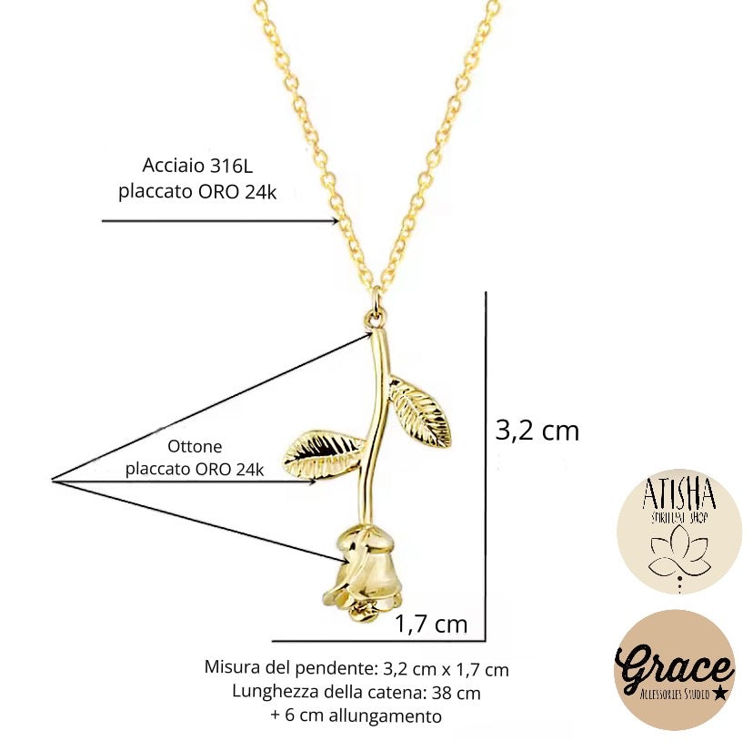NEW LIFE ROSE ~ Collana in acciaio 316L e ciondolo in ottone placcato oro, argento o oro rosa.