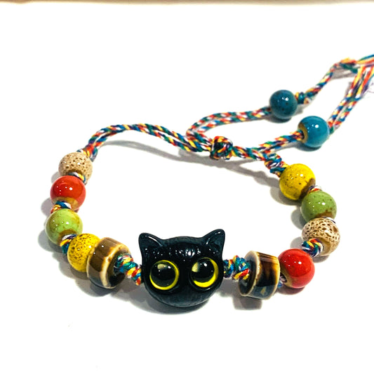 KITTEN color  ~ bracciale con gattino, cordino colorato tibetano e perle in vetro