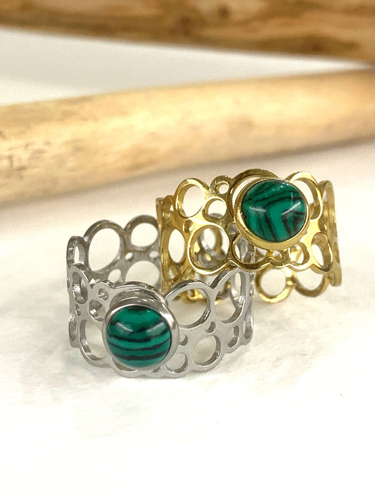 SHILA ~ Anello regolabile in acciaio inossidabile e MALACHITE naturale