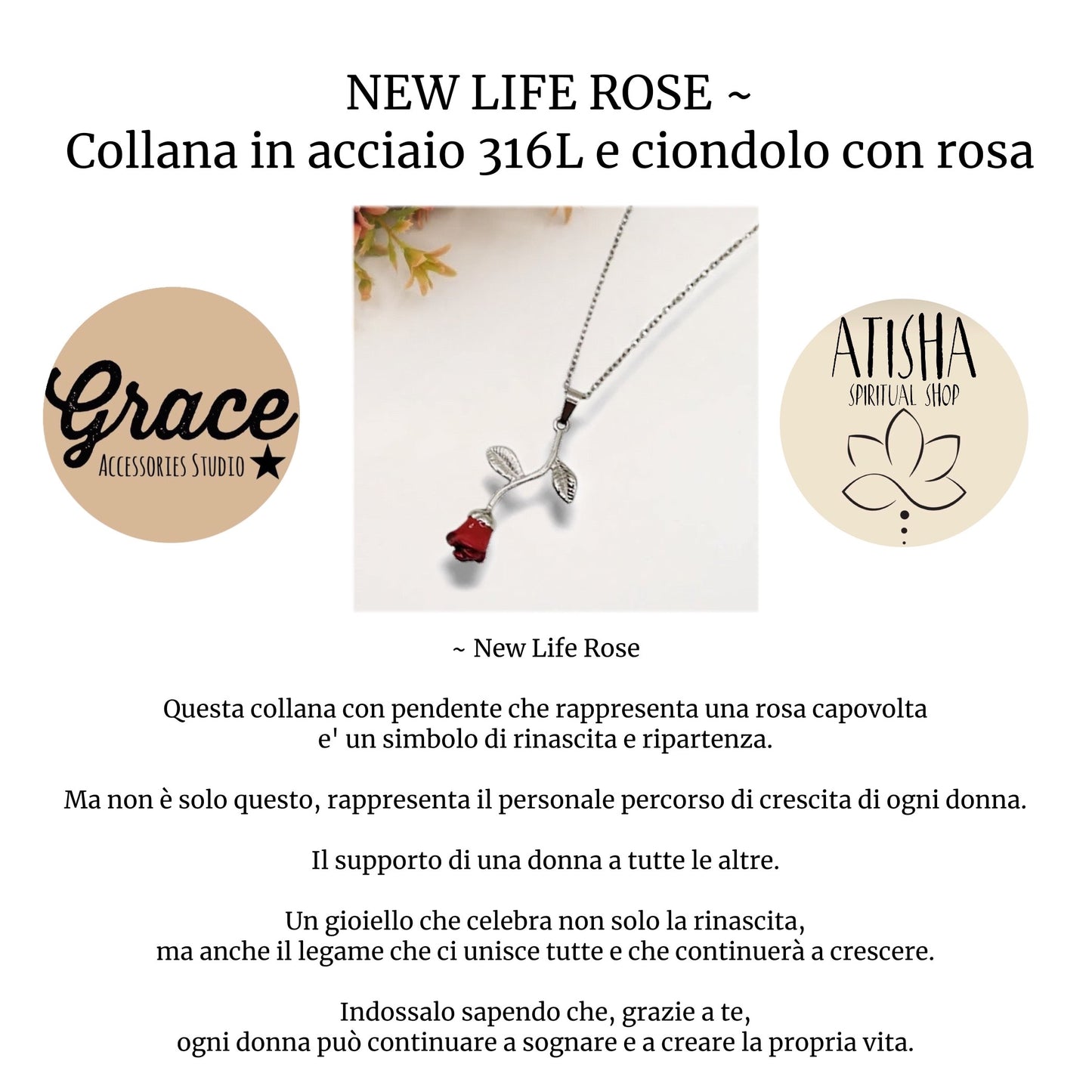 NEW LIFE ROSE ~ Collana in acciaio 316L e ciondolo in ottone placcato oro, argento o oro rosa.