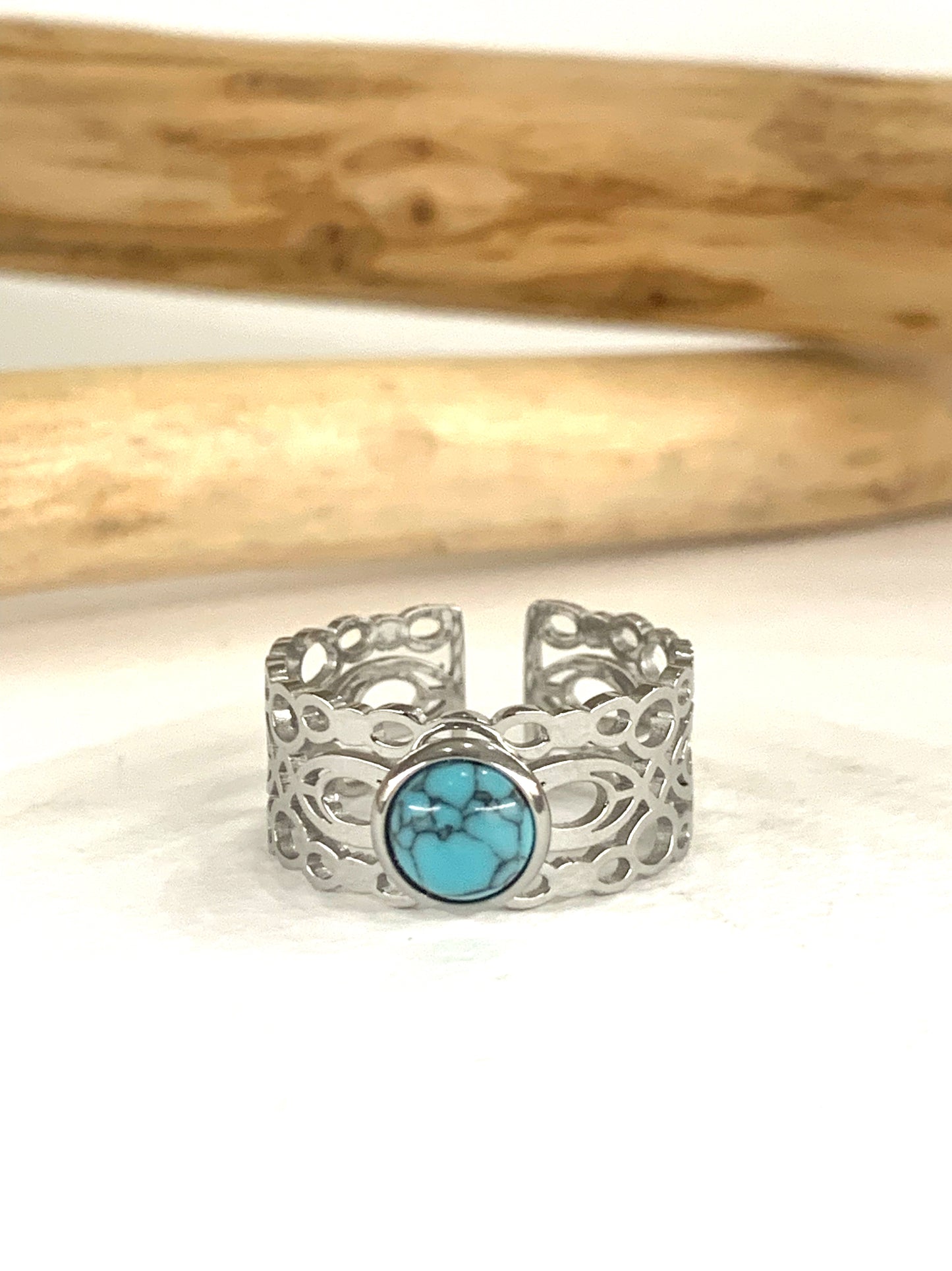 SHANI ~ Anello regolabile in acciaio inossidabile e TURCHESE naturale