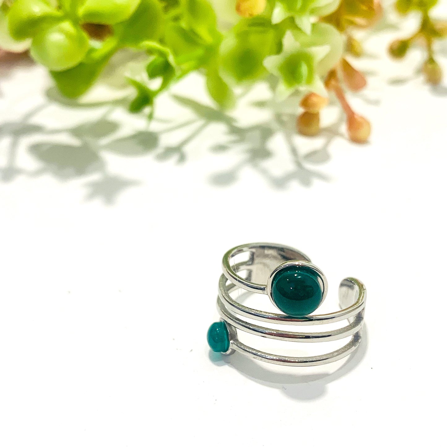 DARSHAN ~ Anello regolabile in acciaio inossidabile e AVVENTURINA SCURA naturale