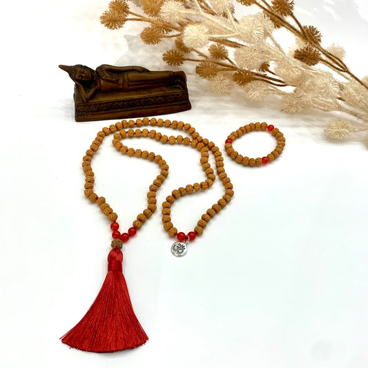 TENZIN RED ~ JAPAMALA 108 grani in Semi di Rudraksha con perle di Agata Rossa ~