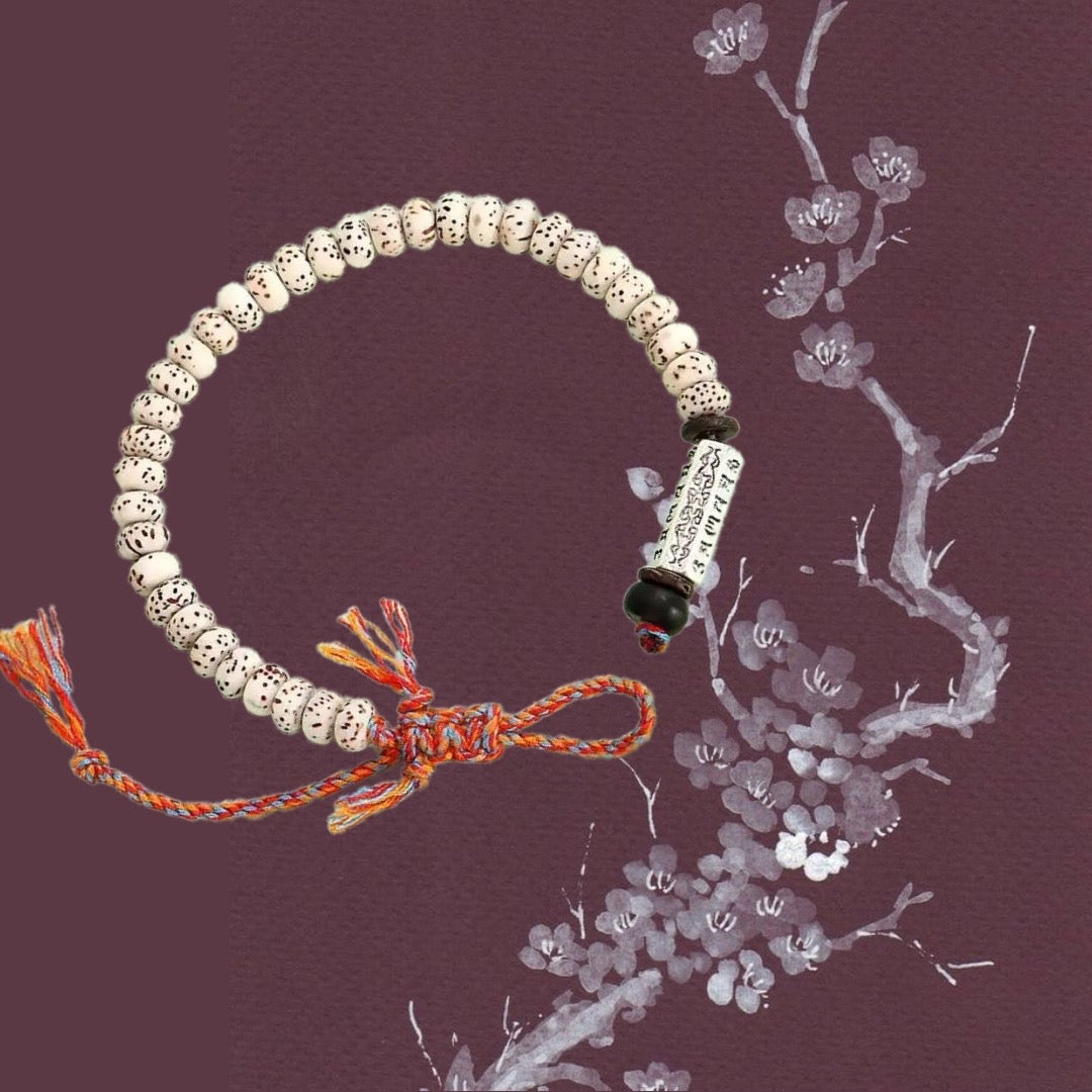 WHITE SUTRA~ Bracciale Tibetano Khapala chiaro ~ con SUTRA INCISI ~ in semi naturali della BODHI e cordino Tibetano