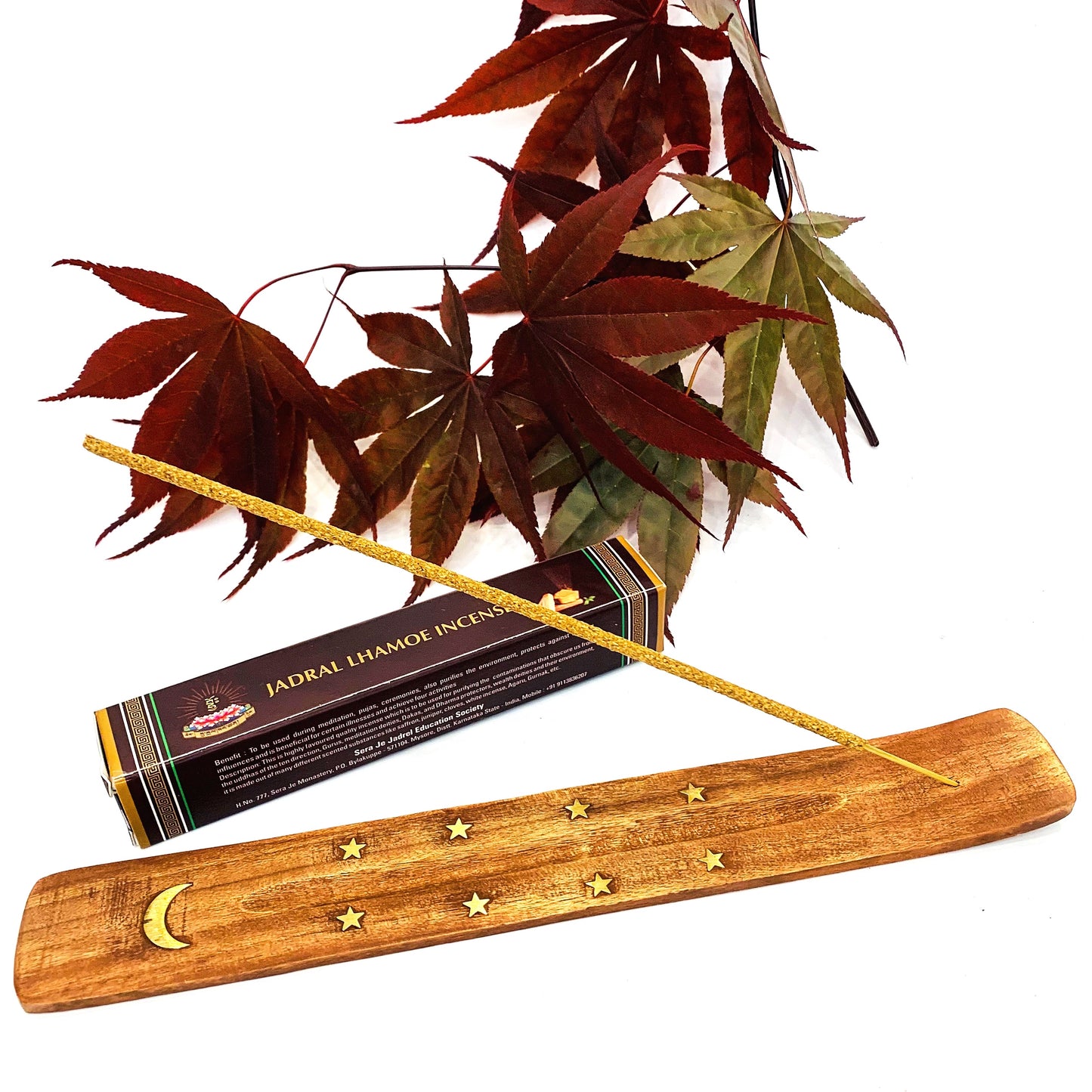 MOON AND STAR bruciaincenso  in legno di sandalo con decorazione in ottone dorato Luna e Stelle