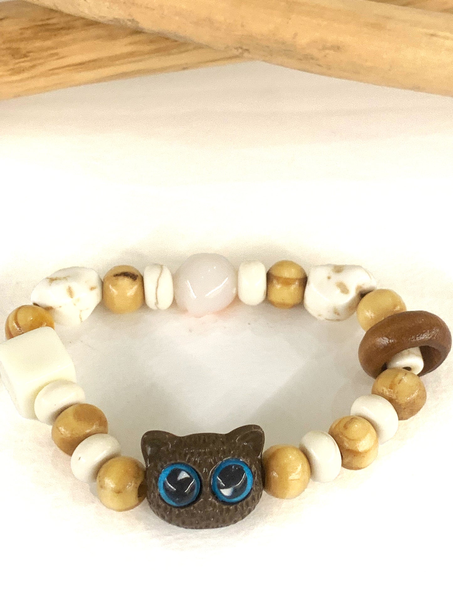 KITTEN  elastic~ bracciale con gattino e perle in pietra dura naturale, elasticizzato