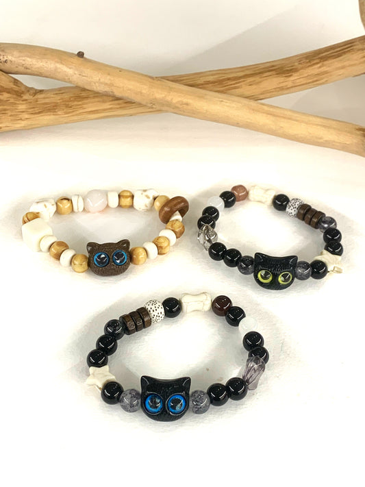 KITTEN  elastic~ bracciale con gattino e perle in pietra dura naturale, elasticizzato