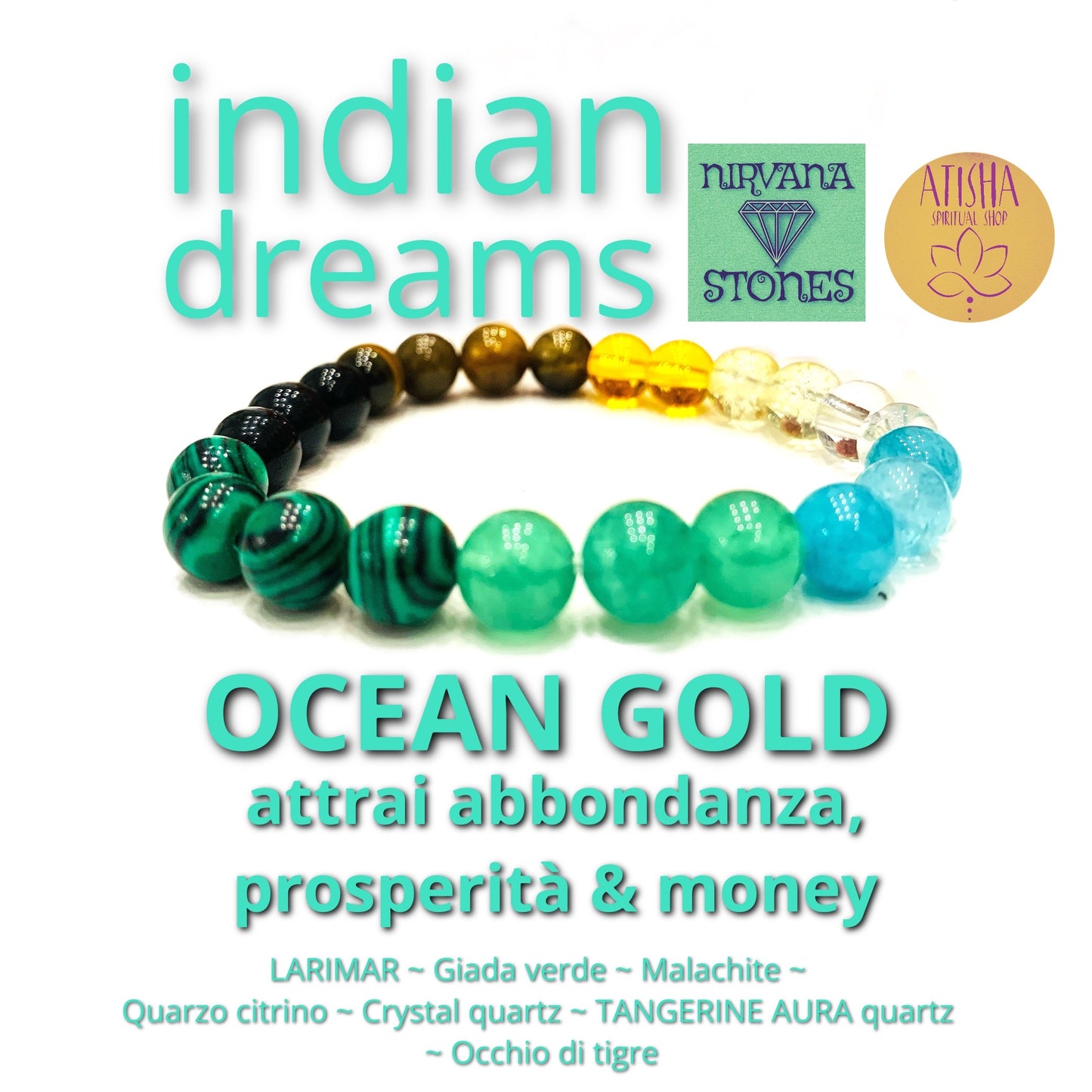 INDIAN DREAMS ORO VERDE ~ BRACCIALE DI PROTEZIONE ED EQUILIBRIO ~ ELASTICIZZATO IN PIETRA DURA NATURALE