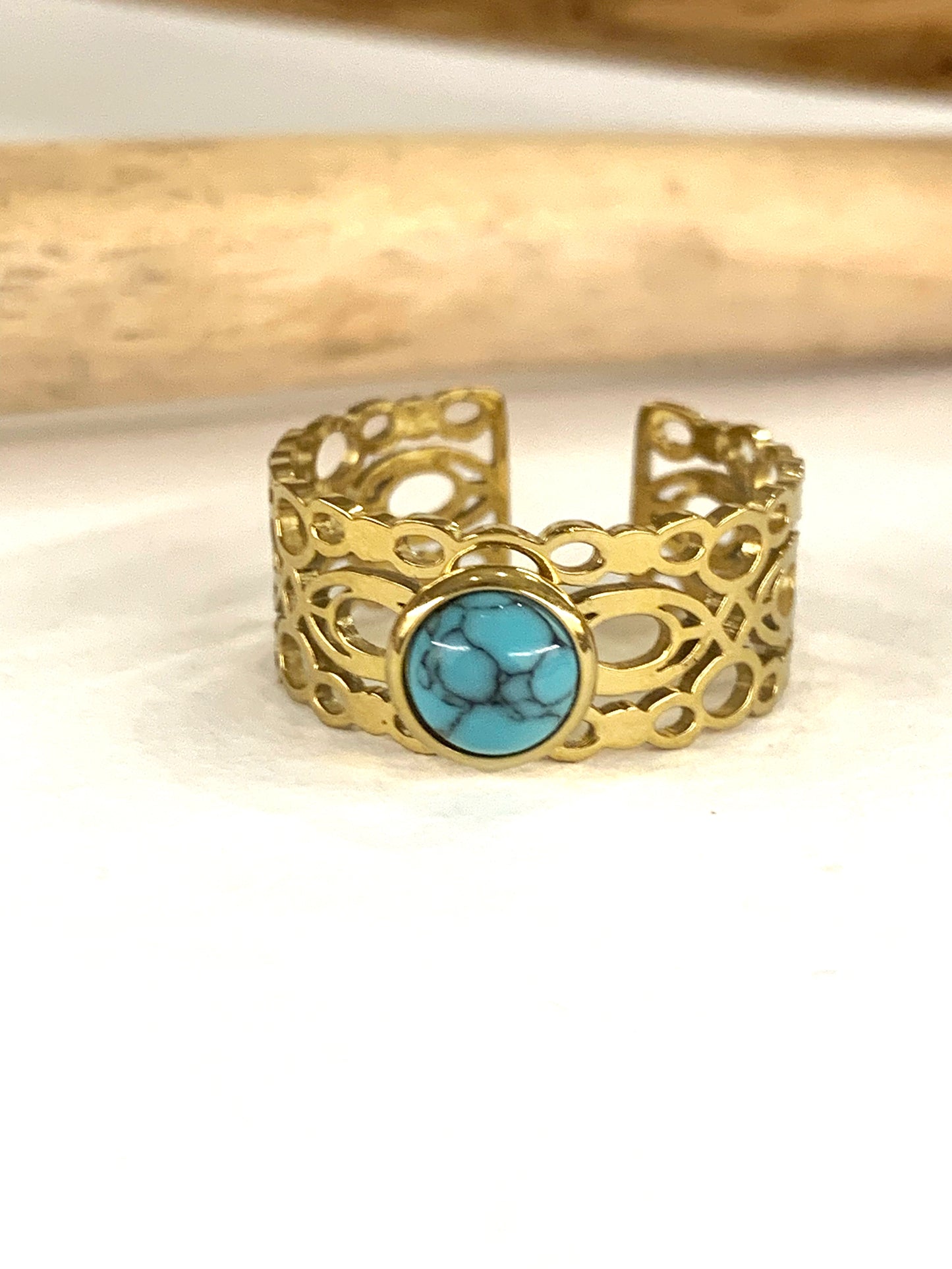 SHANI ~ Anello regolabile in acciaio inossidabile e TURCHESE naturale