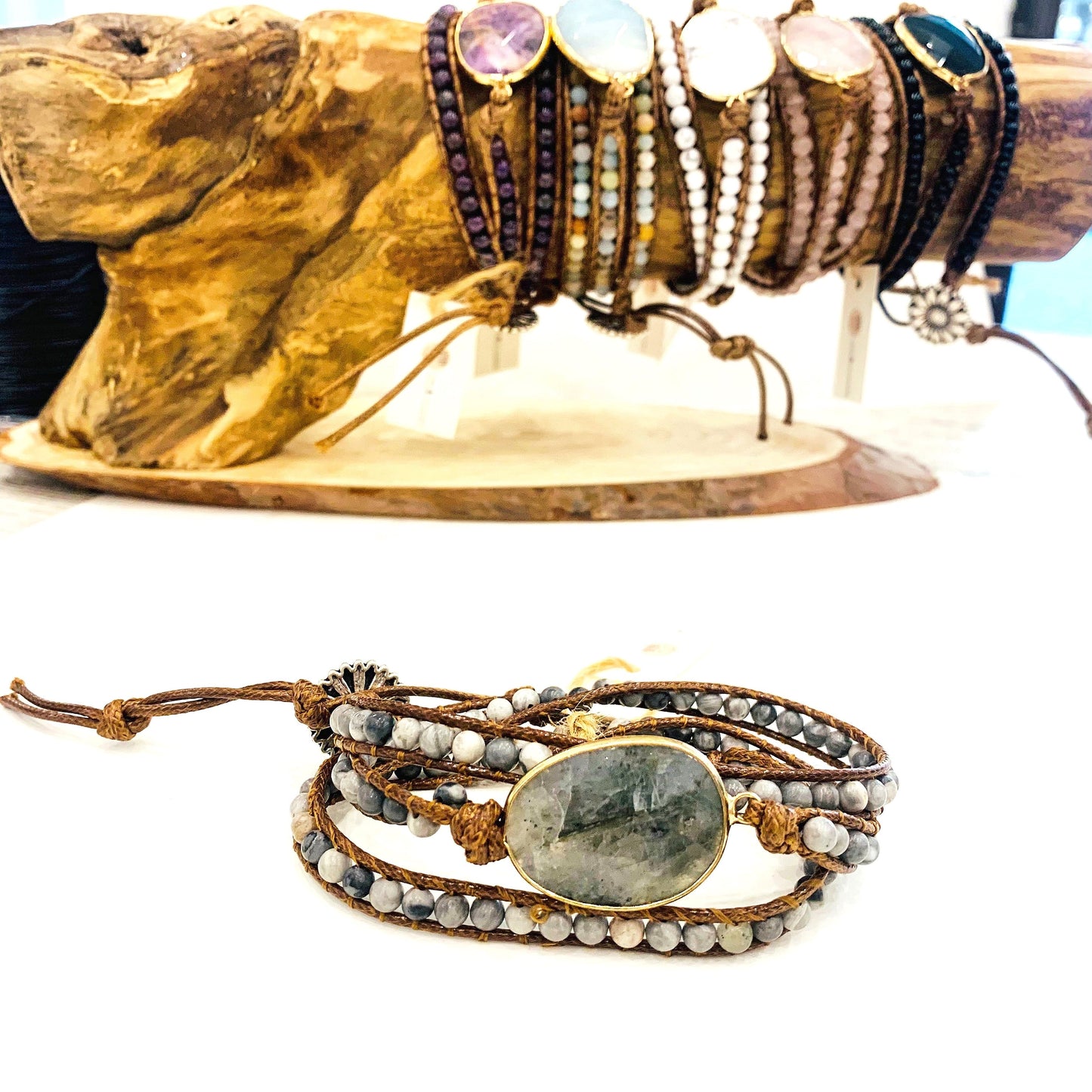 ŚAKTI ~ PURE ENERGY QUARZO ROSA~ bracciale avvolgente triplo giro in pietre naturali ~