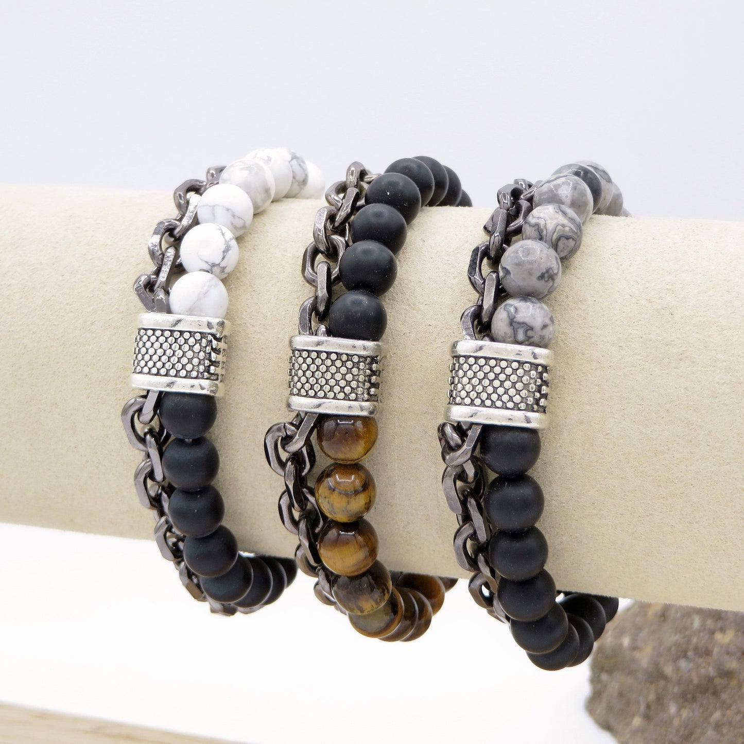 ARATH ~ Bracciale uomo catena + perle in pietra dura - ACCIAIO INOSSIDABILE