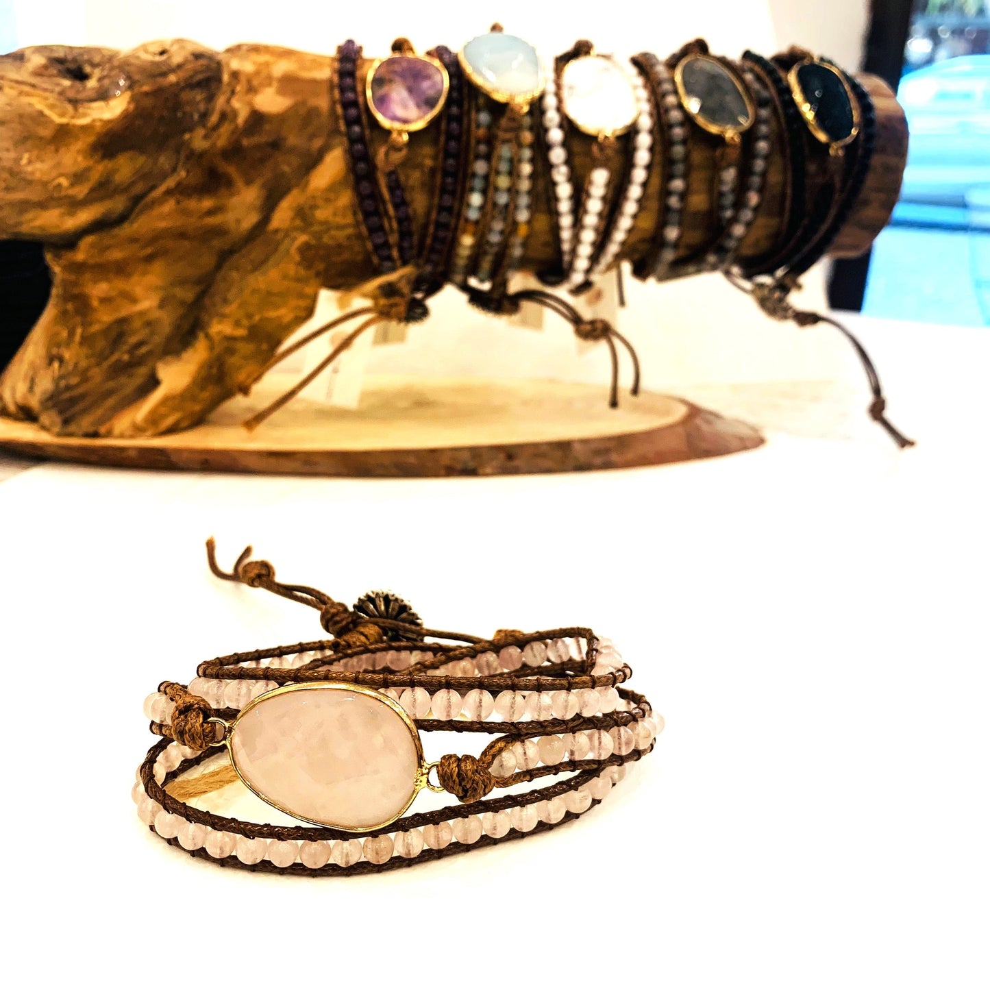 ŚAKTI ~ PURE ENERGY QUARZO ROSA~ bracciale avvolgente triplo giro in pietre naturali ~