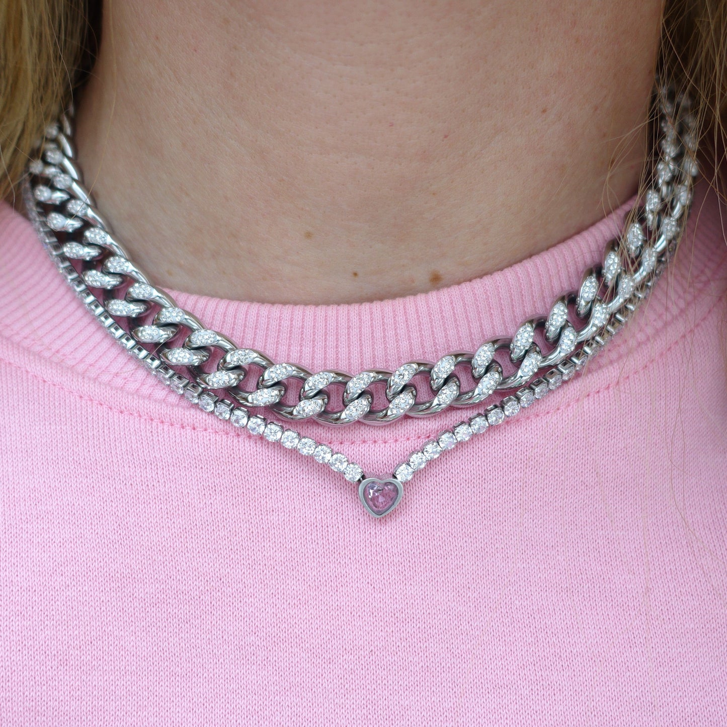 MADISON ~ Collana  con catena cubana in ACCIAIO INOX e zirconi