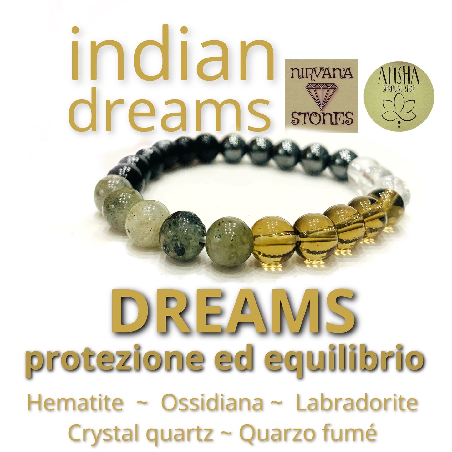 INDIAN DREAMS ORO VERDE ~ BRACCIALE DI PROTEZIONE ED EQUILIBRIO ~ ELASTICIZZATO IN PIETRA DURA NATURALE