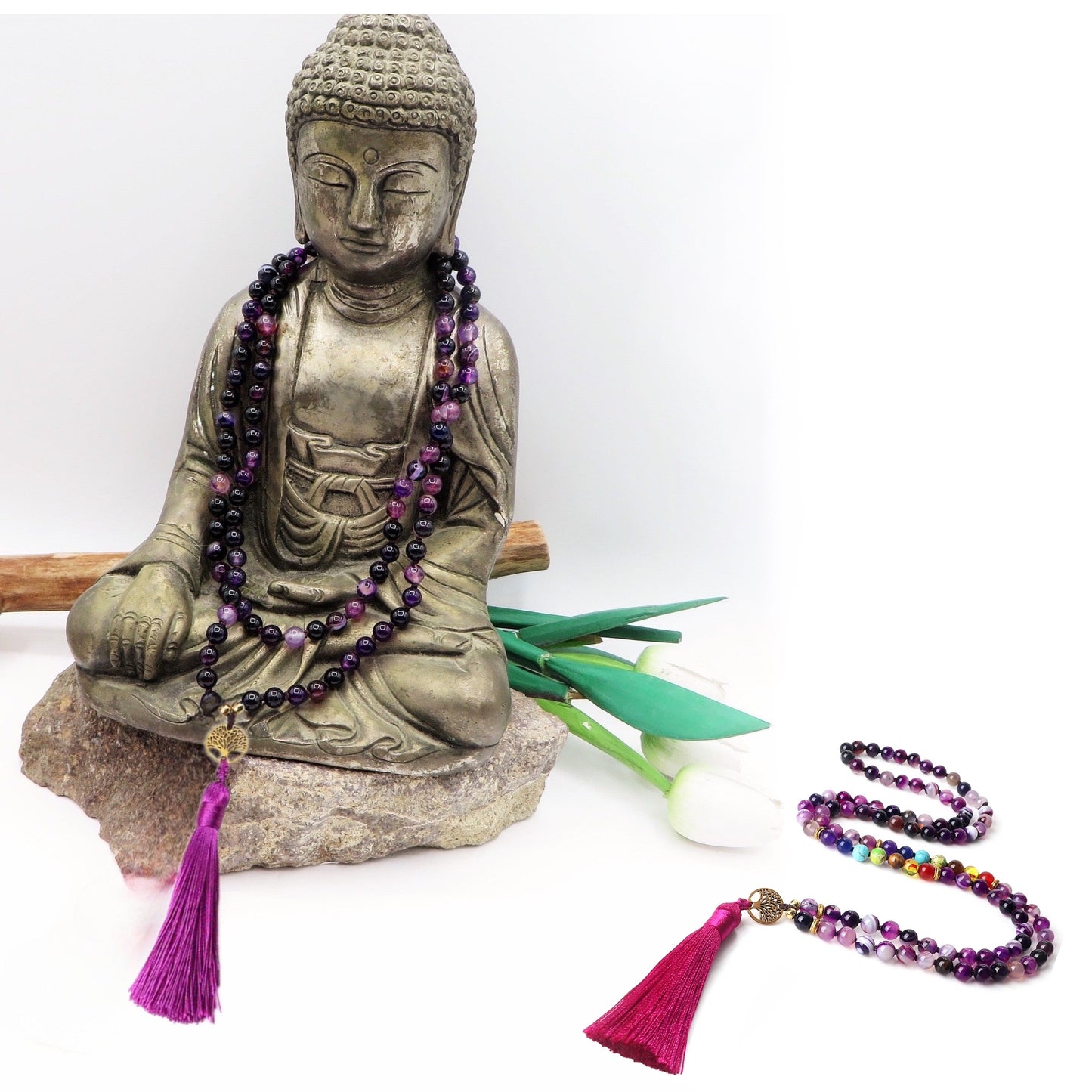 LHAMO ~ JAPAMALA 108 grani in AGATA FUOCO, AGATA VIOLA E AGATA STRIATA MULTICOLOR, AGATA LAPISLAZZULI