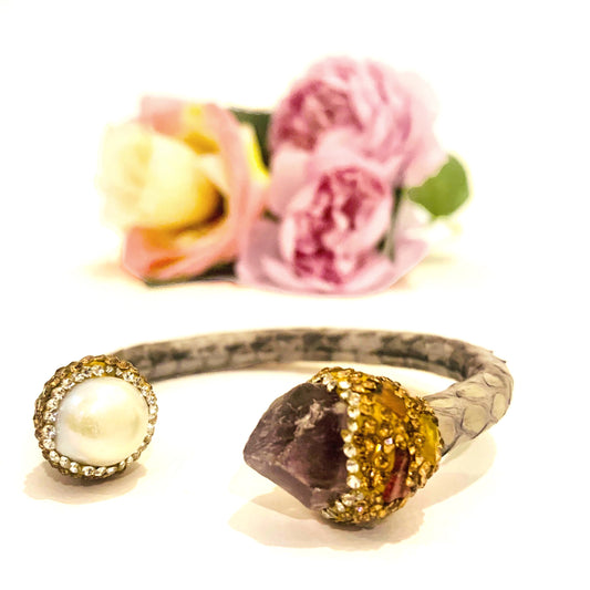 ISANA DRUSA BRACCIALE Cabochon ~ BRACCIALE IN PIETRA DURA NATURALE contrarié ricoperto di ecopelle stampa snake
