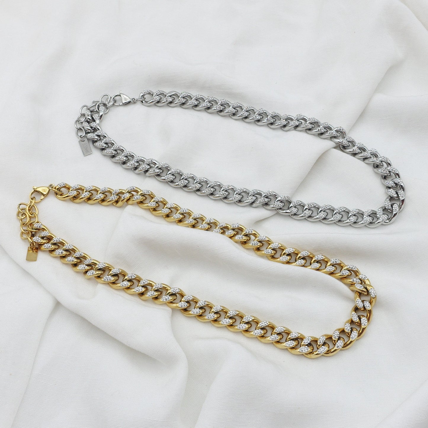 MADISON ~ Collana  con catena cubana in ACCIAIO INOX e zirconi