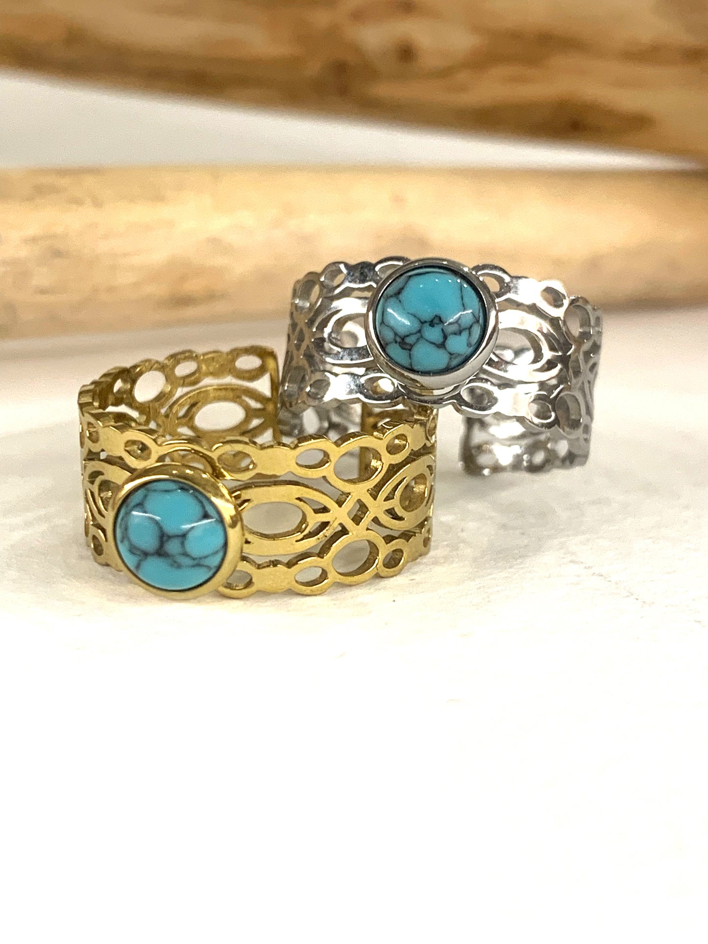 SHANI ~ Anello regolabile in acciaio inossidabile e TURCHESE naturale