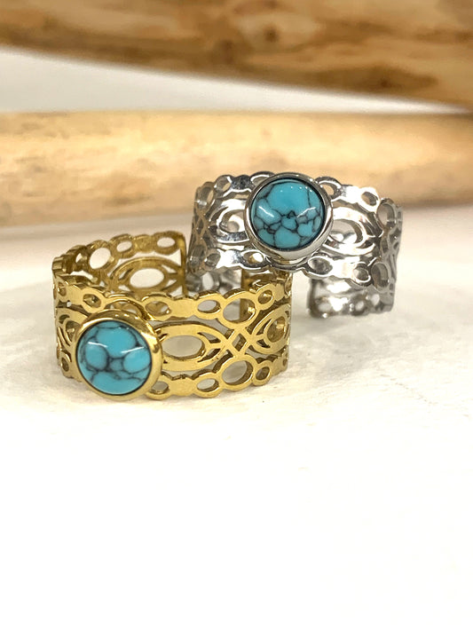 SHANI ~ Anello regolabile in acciaio inossidabile e TURCHESE naturale