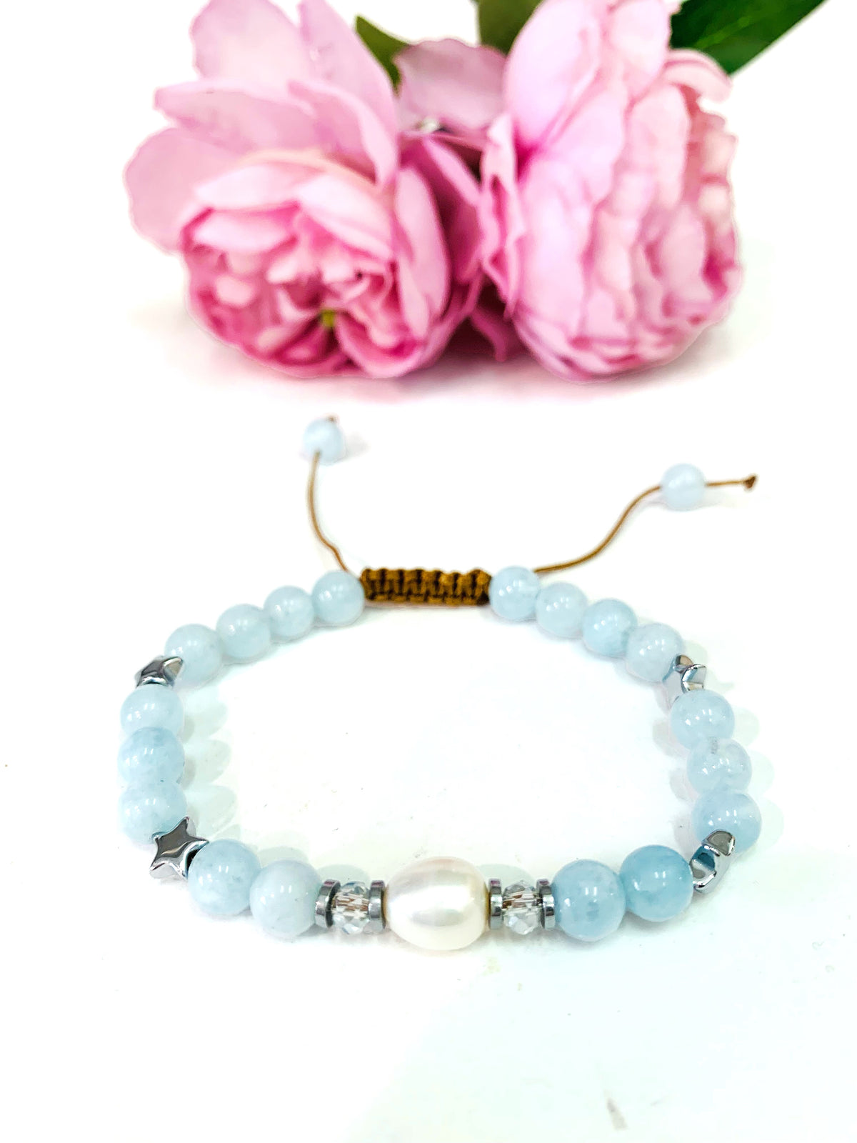 SHINE' ~ BRACCIALE IN PIETRE DURE NATURALI e perla di fiume  ~ con accessori in acciaio 316 L