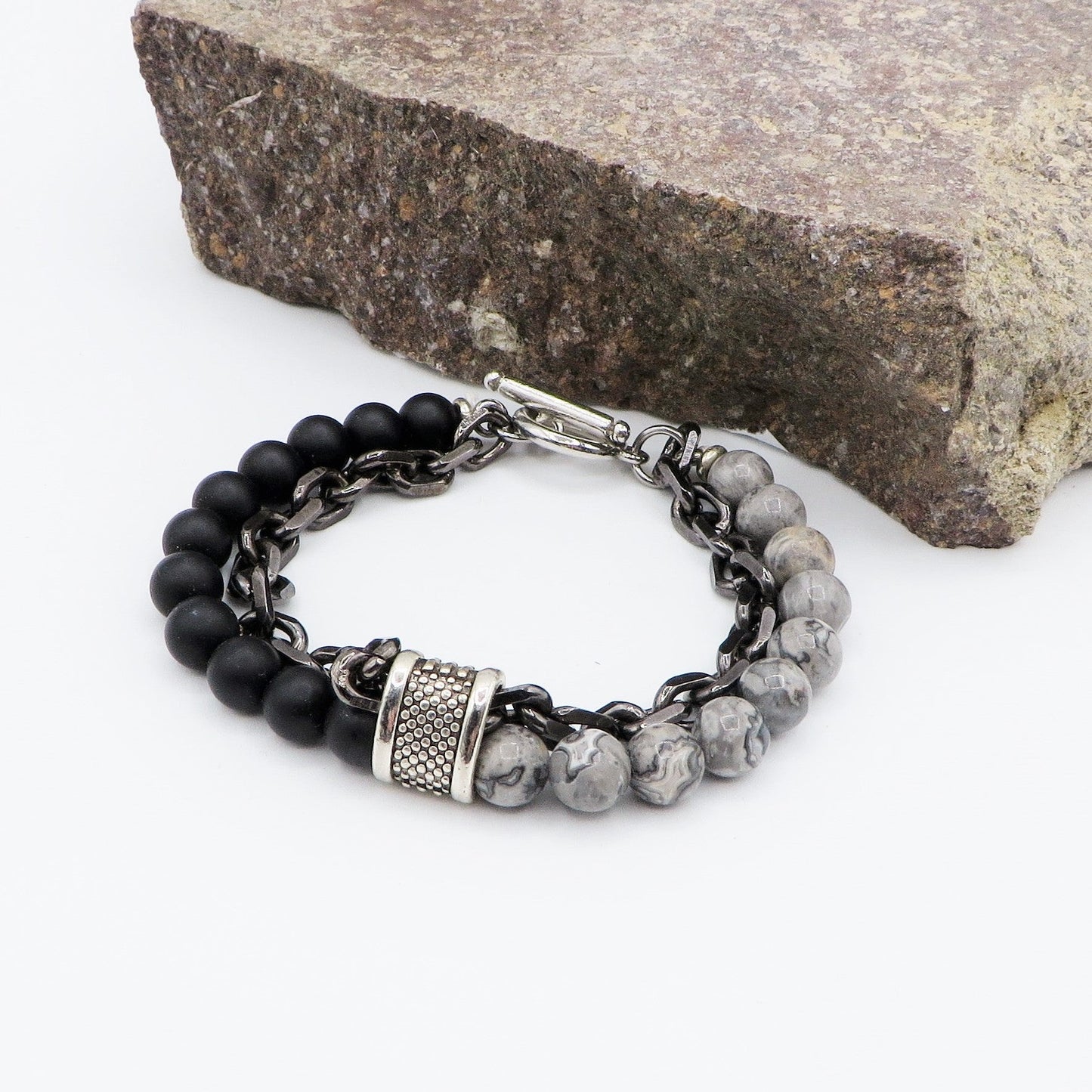 ARATH ~ Bracciale uomo catena + perle in pietra dura - ACCIAIO INOSSIDABILE