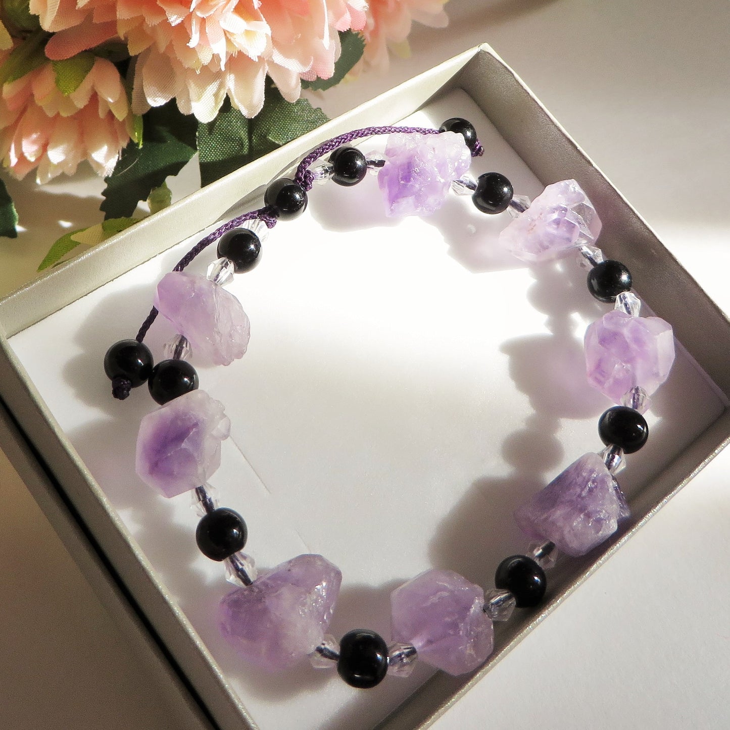ANJALI BRACCIALE ~ CON DRUSE DI AMETISTA NATURALE IRREGOLARE E OSSIDIANA NERA ~ modello SHAMBALA