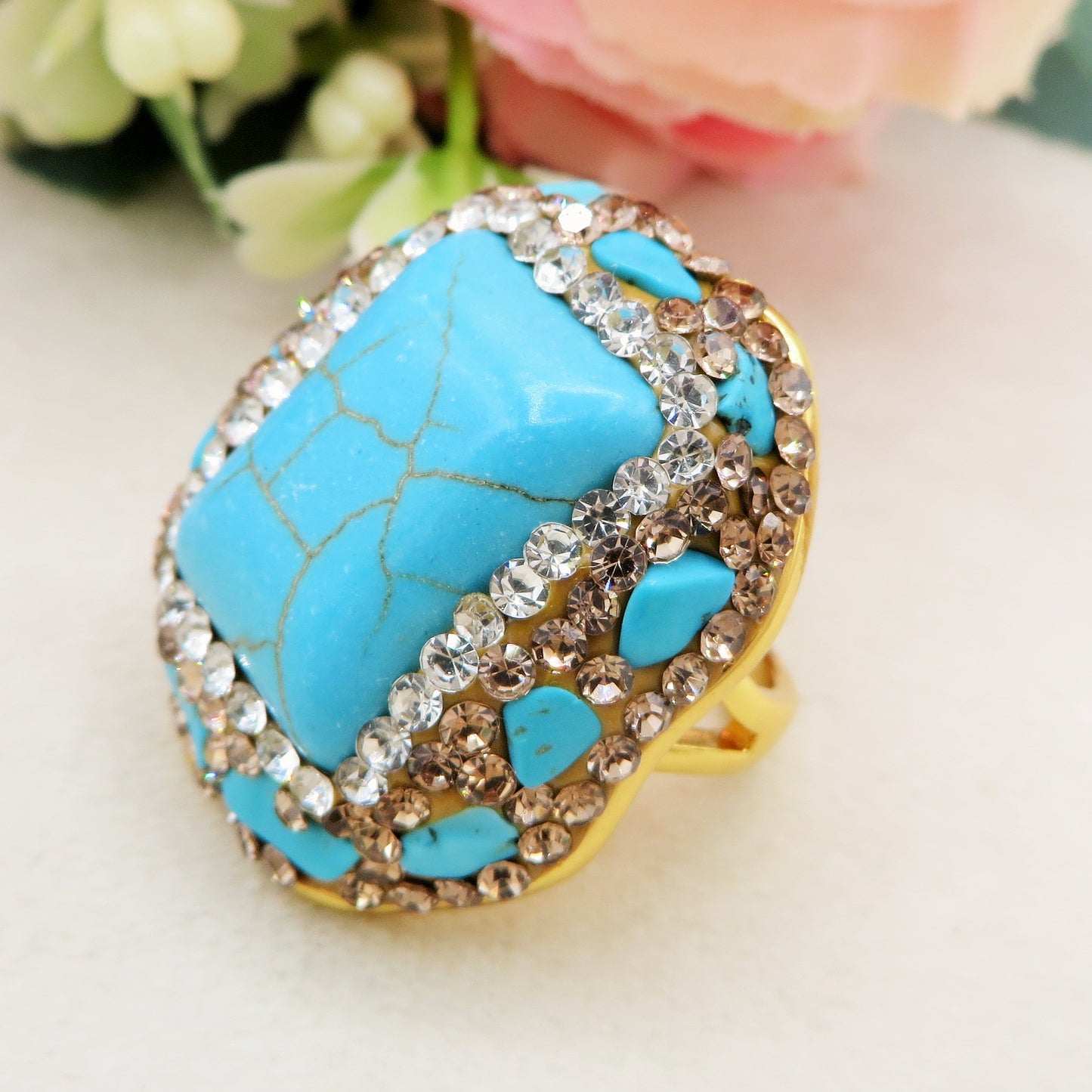 ISANA TURCHESE  ~ ANELLO IN PIETRA DURA NATURALE e metallo ottone galvanizzato e rodiato
