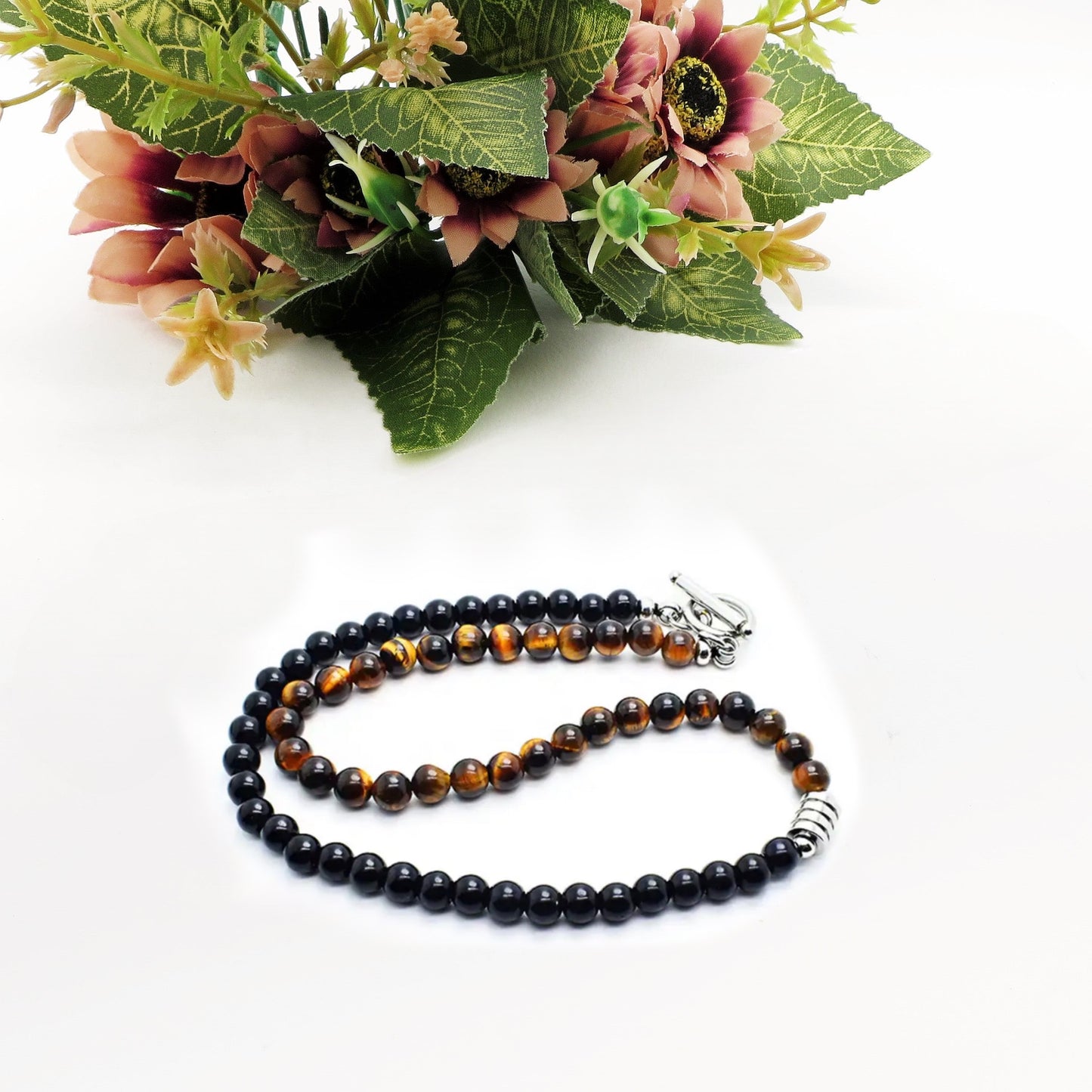 Kyŏnghŏ ~ Collana unisex bicolore in occhio di tigre e ossidiana + acciaio inossidabile