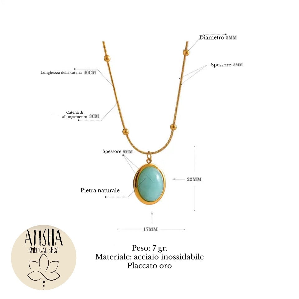 ABJINI ~ Collana in Acciaio placcato oro, con ciondolo ovale in pietra naturale