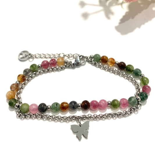 SHAILA butterfly BRACCIALE ~ in Acciaio 316 L , con pietre tormalina multicolor