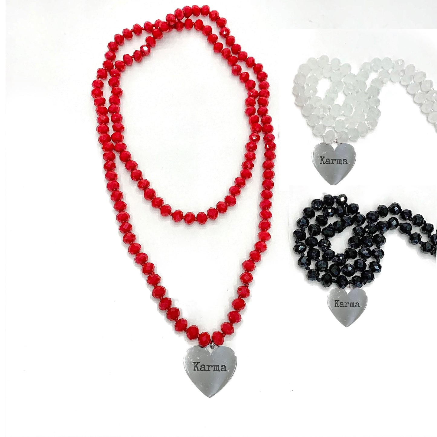 KARMA~ Collana di vero cristallo taglio granata ~ ciondolo grande cuore in acciaio inossidabile ~ design esclusivo ~