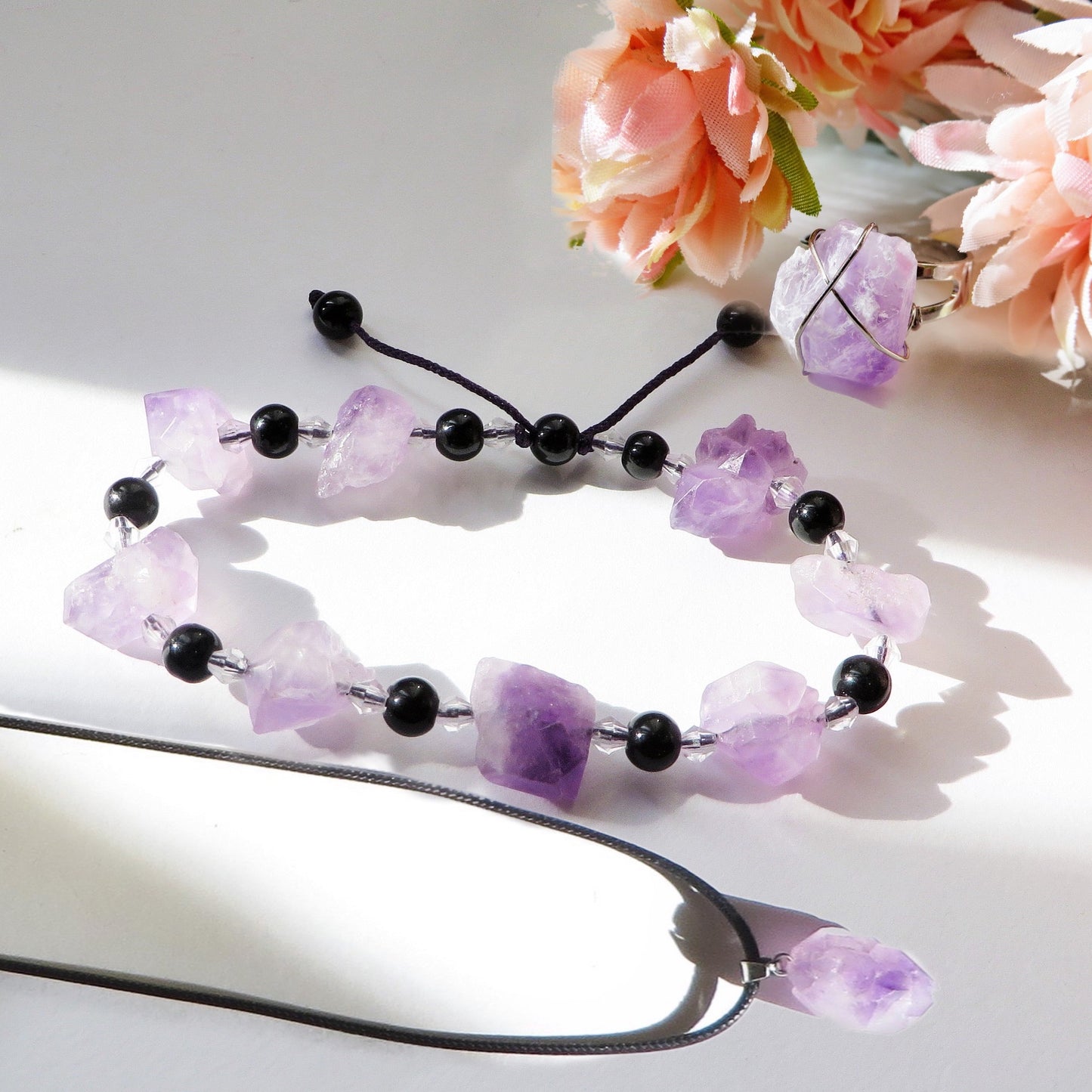 ANJALI BRACCIALE ~ CON DRUSE DI AMETISTA NATURALE IRREGOLARE E OSSIDIANA NERA ~ modello SHAMBALA