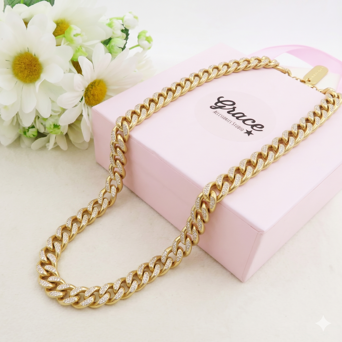 MADISON ~ Collana  con catena cubana in ACCIAIO INOX e zirconi