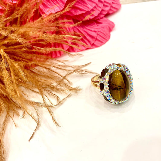 ISANA OCCHIO DI TIGRE~ ANELLO IN PIETRA DURA NATURALE e metallo ottone galvanizzato e rodiato oro