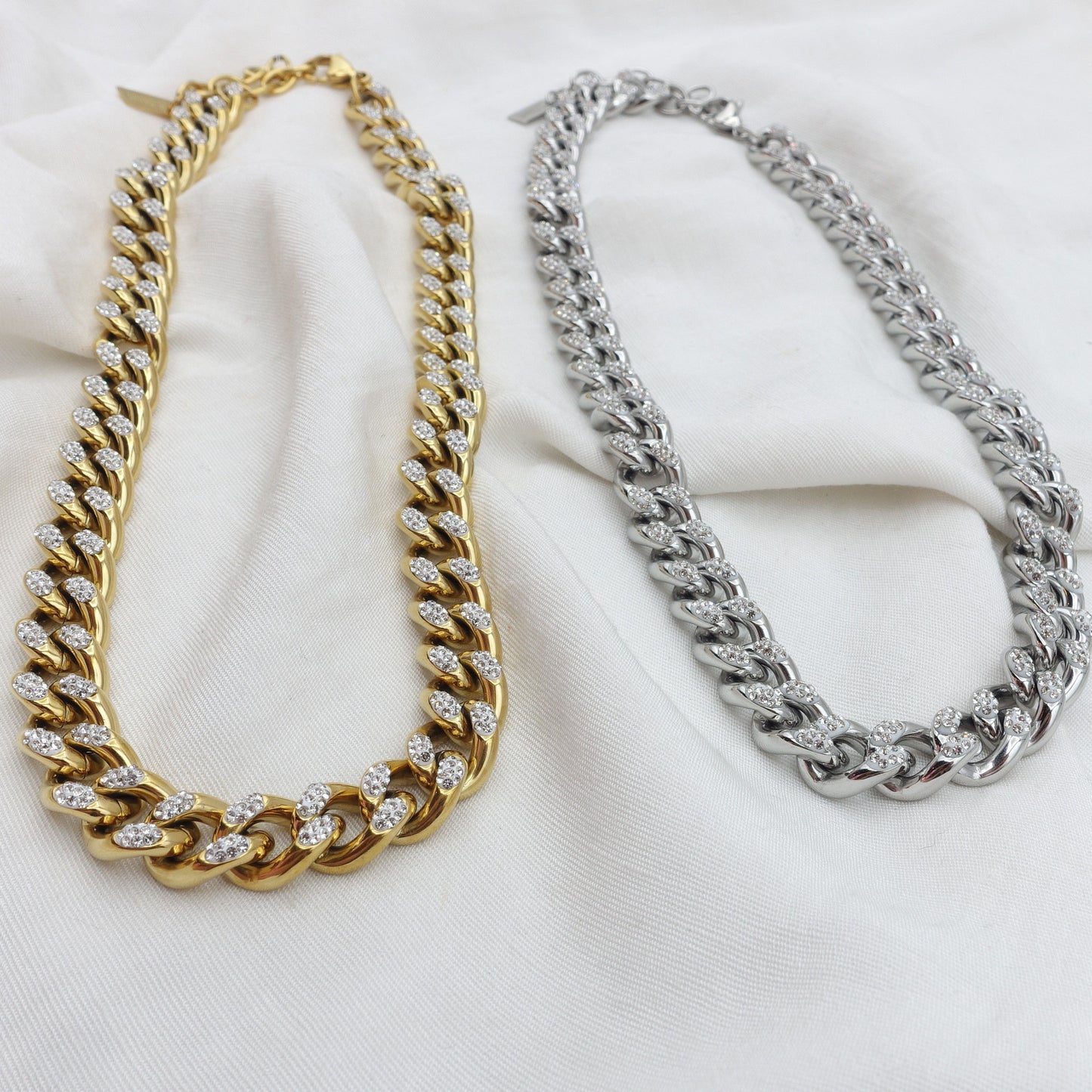 MADISON ~ Collana  con catena cubana in ACCIAIO INOX e zirconi
