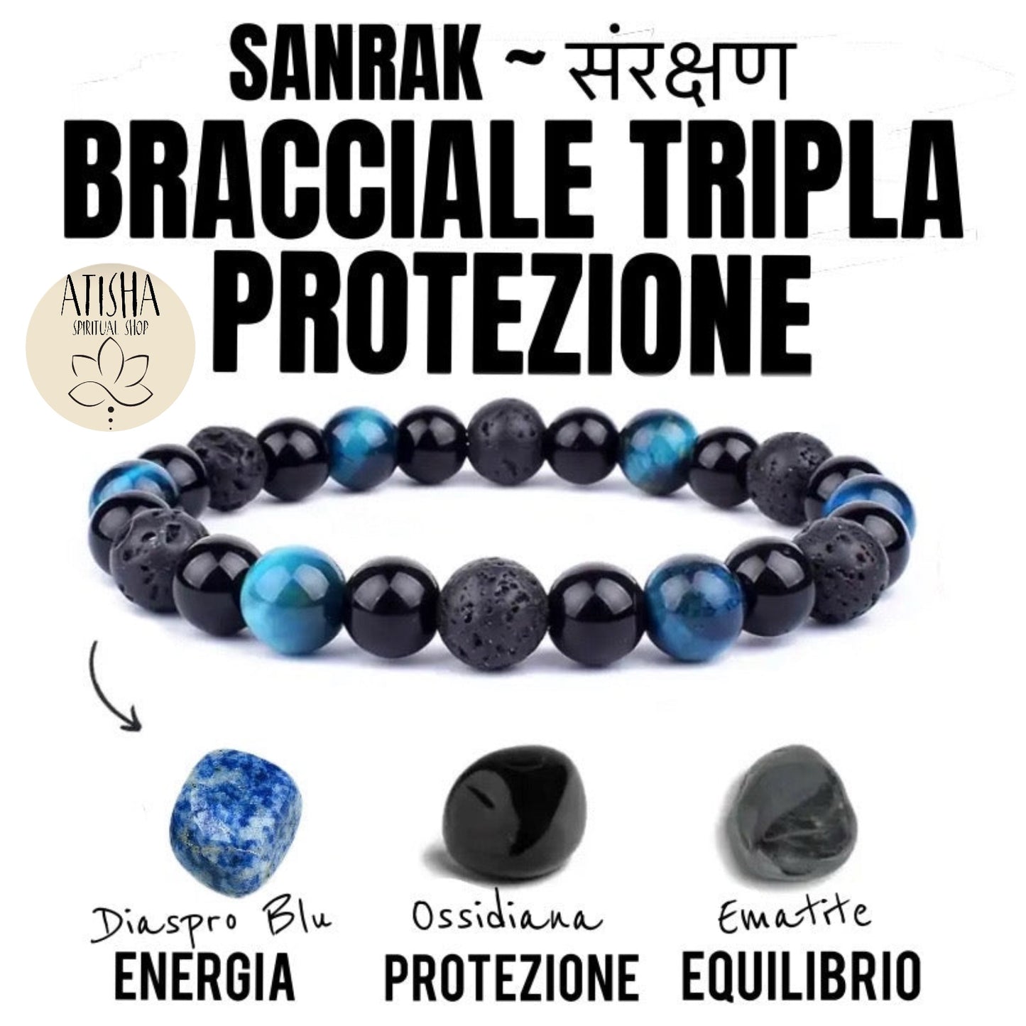 SANRAK~ BRACCIALE TRIPLA PROTEZIONE~ pietra dura naturale