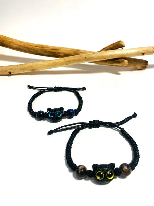 KITTEN   ~ bracciale con gattino, cordino nero tibetano e perle in pietra dura naturale