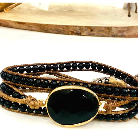 ŚAKTI ~ PURE ENERGY ONICE NERA ~ bracciale avvolgente triplo giro in pietre naturali ~