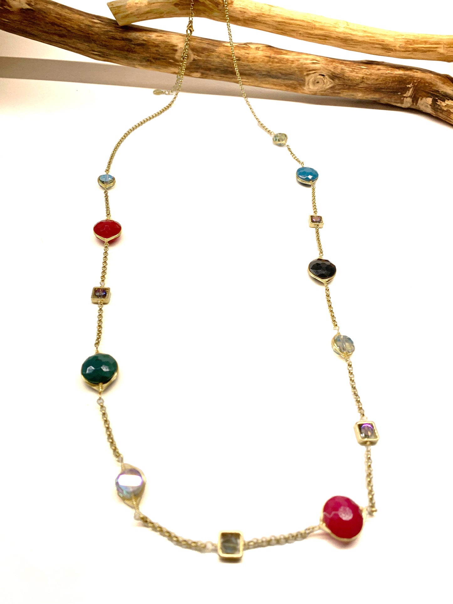 RAVI ~ Collana lunga in Acciaio con cristalli naturali colorati