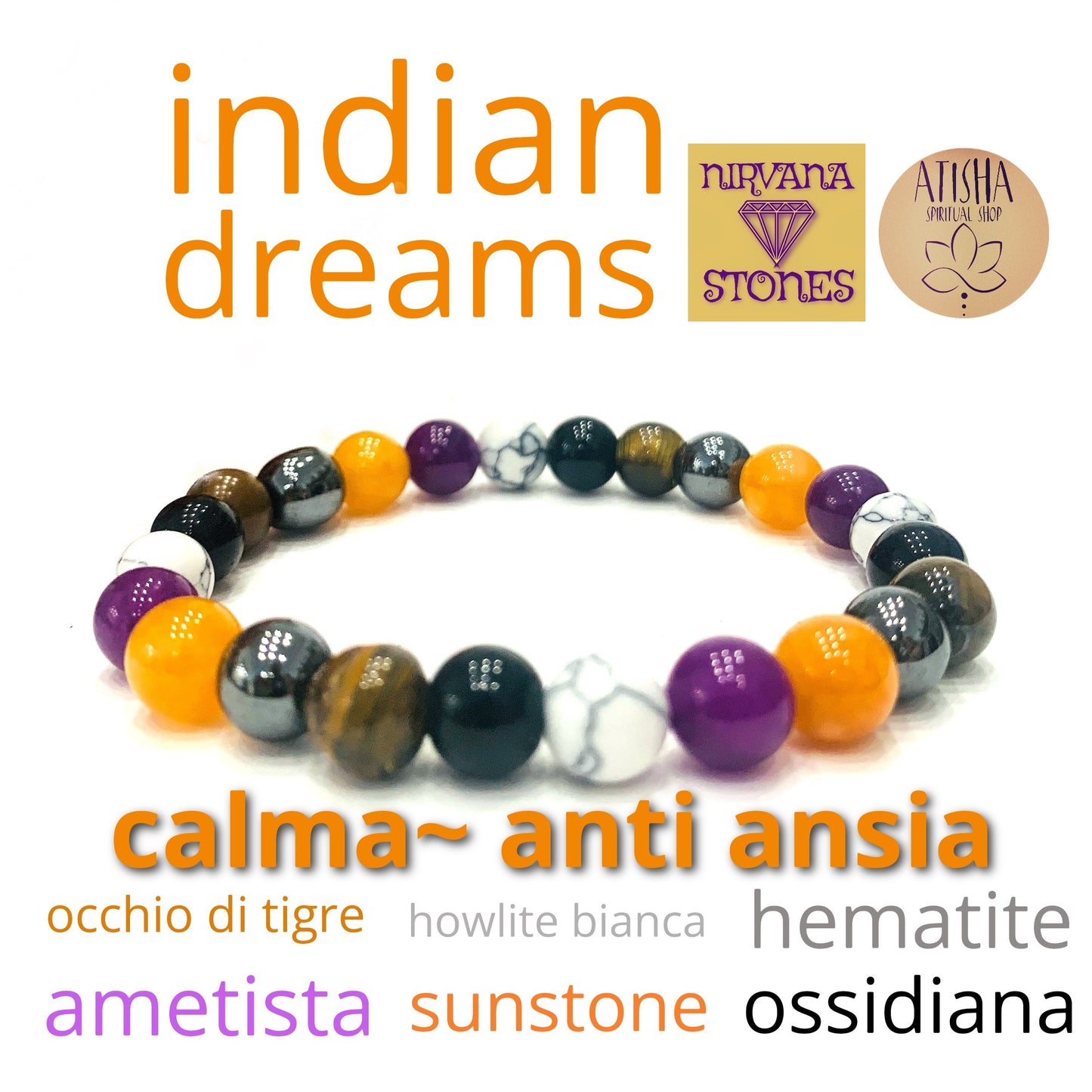 INDIAN DREAMS CALMA ~ BRACCIALE ANTI ANSIA ~ ELASTICIZZATO IN PIETRA DURA NATURALE