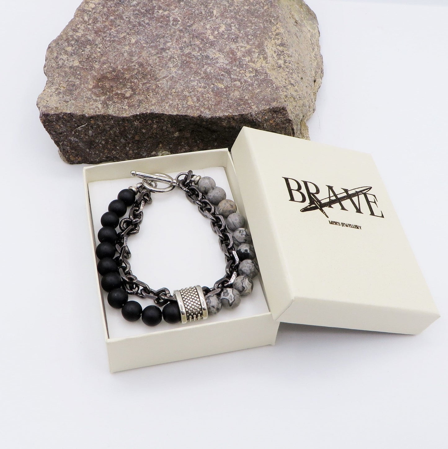 ARATH ~ Bracciale uomo catena + perle in pietra dura - ACCIAIO INOSSIDABILE