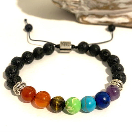 CHAKRA 7 COLORS STEEL - bracciale pietra lavica e pietre dure naturali - Nirvana Stones -