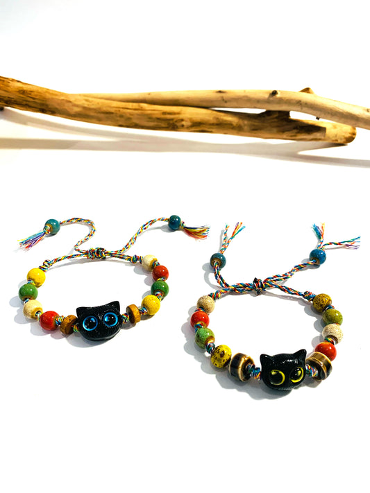 KITTEN color  ~ bracciale con gattino, cordino colorato tibetano e perle in vetro