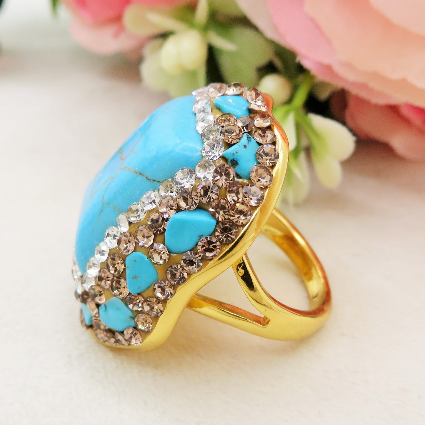 ISANA TURCHESE  ~ ANELLO IN PIETRA DURA NATURALE e metallo ottone galvanizzato e rodiato